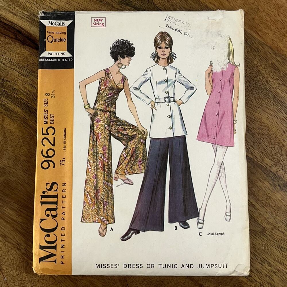 Vintage 1960s McCalls Pattern 9625 Mod Dress Tunic Pants Jumpsuit Miss Size 8